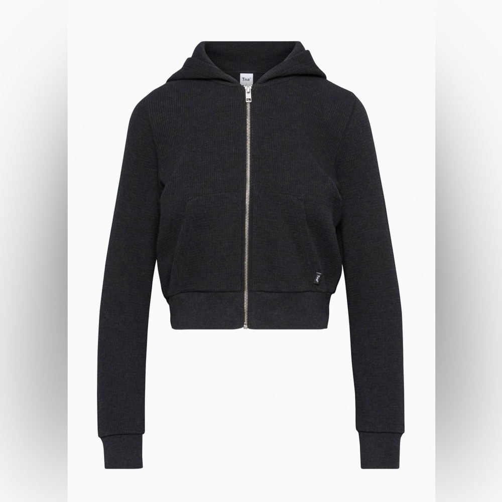 TNA Black Cropped Waffle Zip-Up Hoodie